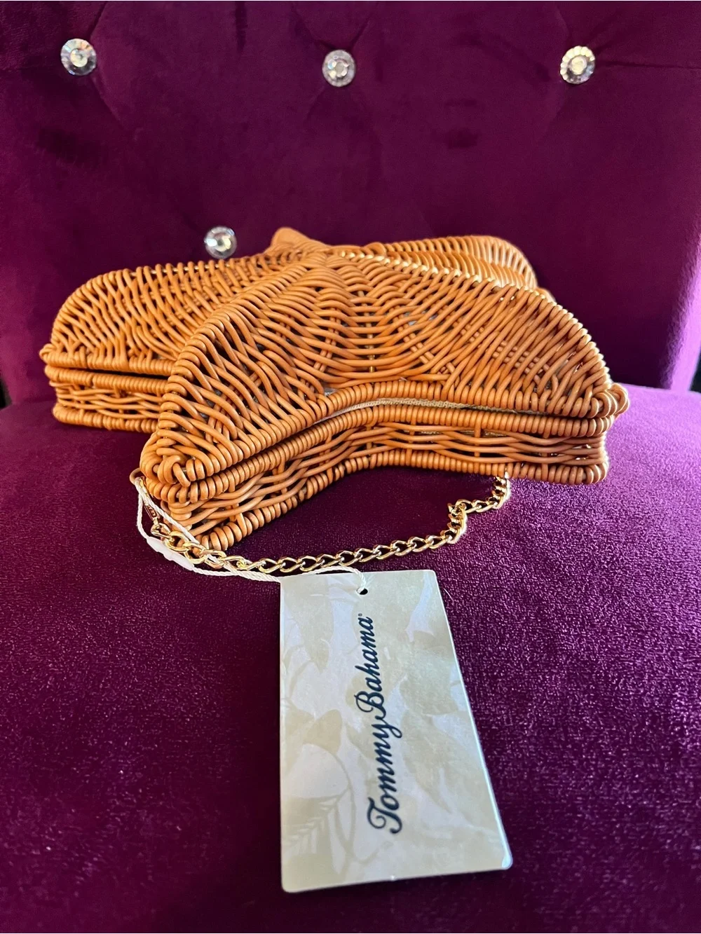 Tommy Bahama STAR Wicker SHOULDER Bag Brown WOVEN Chain Detachable NEW